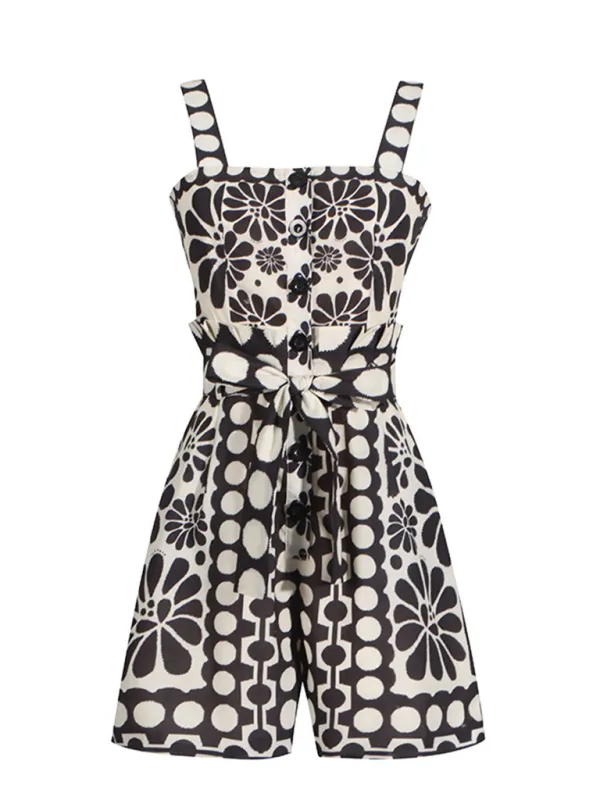 TEEK - Design Printed Lace-Up Waist Slimming Sleeveless Romper