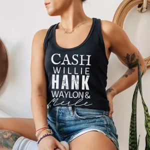 Trendy Summer Cash Willie Hank Merle Women's Racerback Tank Country Artists Design on a Racerback White or Black Tank