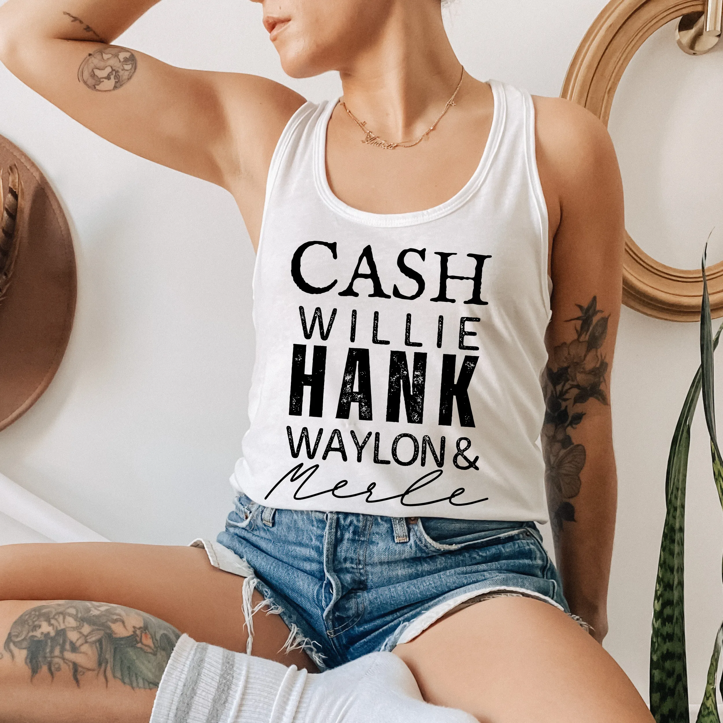 Trendy Summer Cash Willie Hank Merle Women's Racerback Tank Country Artists Design on a Racerback White or Black Tank
