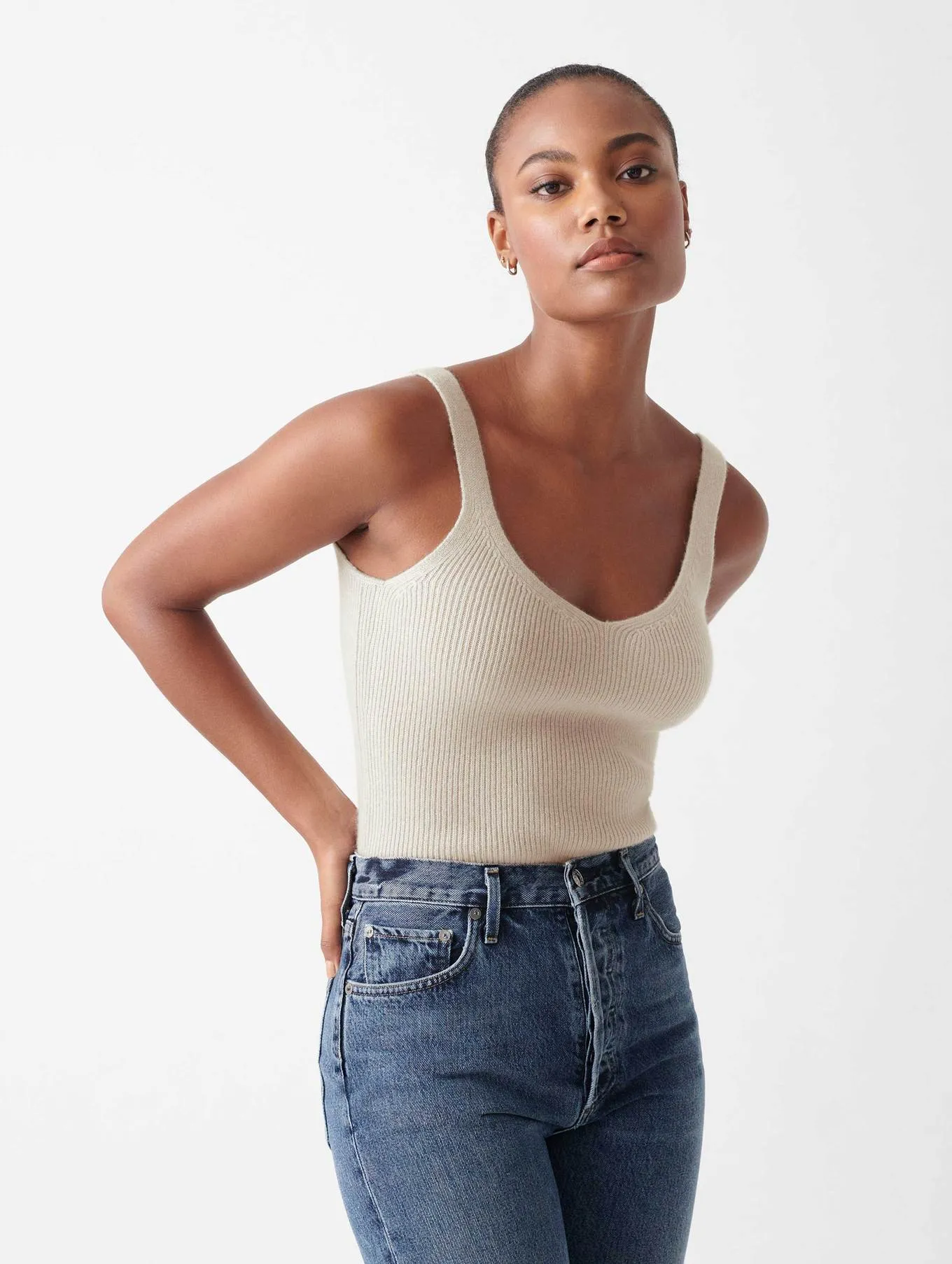 White   Warren - Cashmere Ribbed V Neck Tank in Moonstone