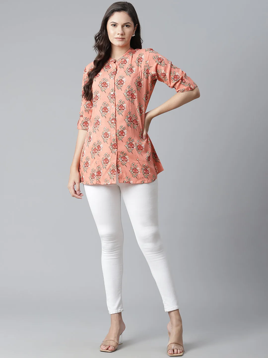 Women'S Peach Printed Rayon Top
